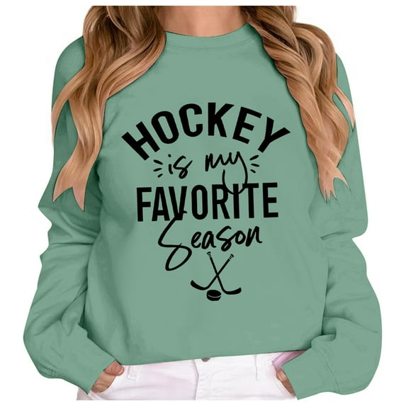 Womens Graphic Sweatshirts Oversized Vintage Hockey Retro Letter Print Long Sleeve Shirts Fall Fashion Relaxed Fit Tunics Green S