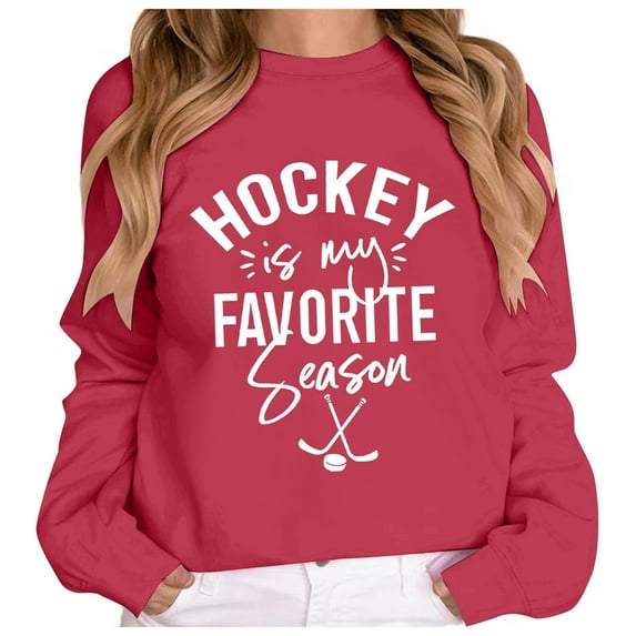 Womens Graphic Sweatshirts Oversized Vintage Hockey Retro Letter Print Long Sleeve Shirts Fall Fashion Relaxed Fit Tunics Watermelon Red M