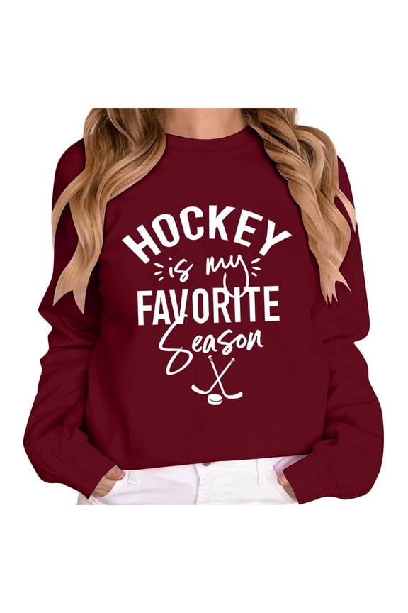 Womens Graphic Sweatshirts Oversized Vintage Hockey Retro Letter Print Long Sleeve Shirts Fall Fashion Relaxed Fit Tunics M