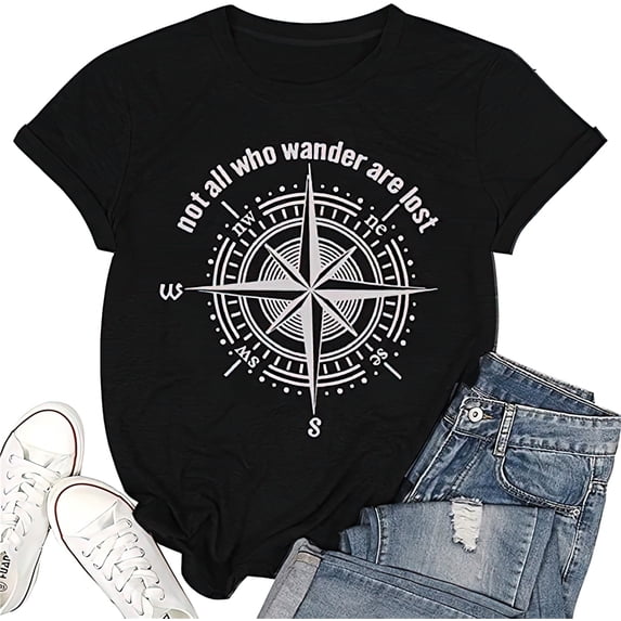 Womens Graphic T-Shirt Not All Who Wander are Lost Funny Tees for Women Summer Casual Top Shirts Black 2X-Large