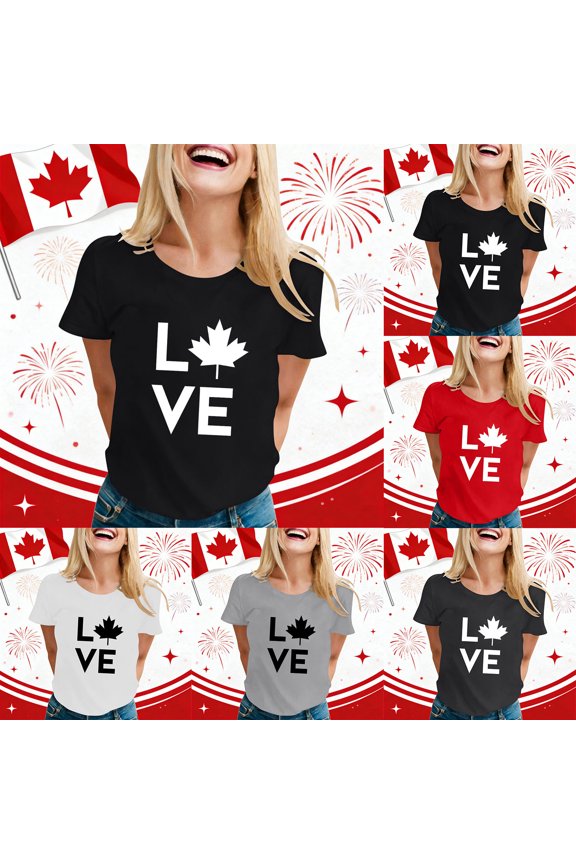 Womens Graphic T Shirts Canadian Maple Leaf Print Short Sleeve Round Neck Patriotic Crop Tank Tops for Women,White,XL