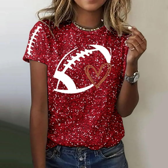 Womens Graphic T Shirts, Fashion Casual Rugby Love Print Round Neck T Shirt, Red S