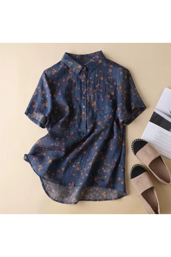 Womens Graphic T Shirts Loose Fit Custom Print Lapel Short Sleeve Button Down Linen Shirts Tees for Women Blue XXL