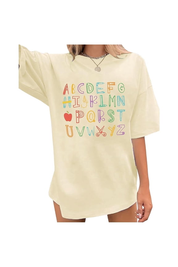 Womens Graphic T Shirts Loose Fit Letter Print Crew Neck Short Sleeve Casual Typography Tops Tees for Women Beige XXL
