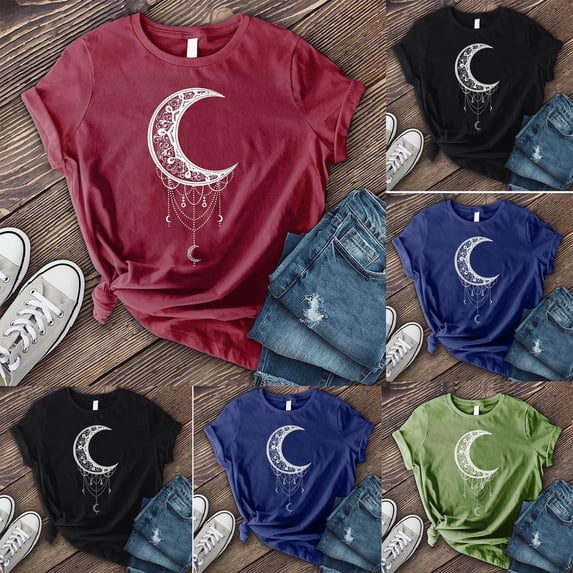 Womens Graphic T Shirts Moon Printed Crew Neck Short Sleeve Tee Casua Summer Top Blue M