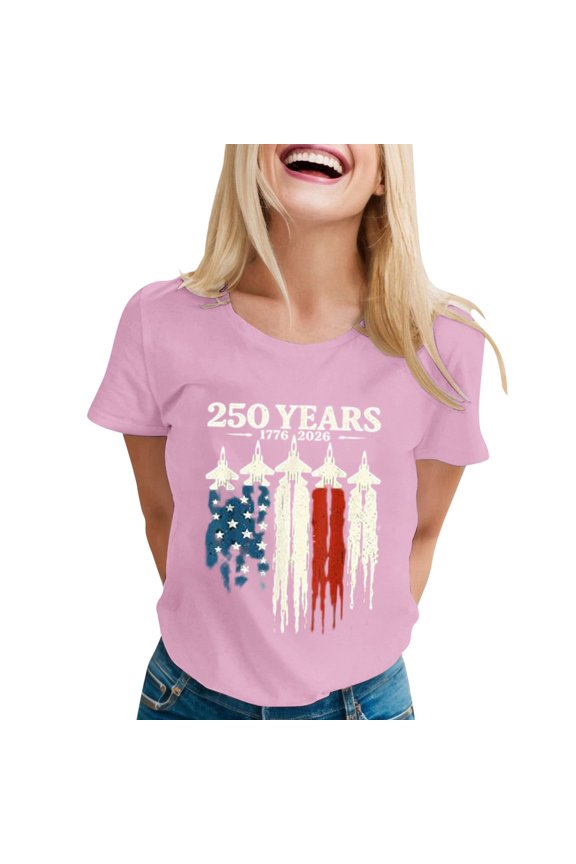 Womens Graphic T Shirts Patriotic Short Sleeve Fourth of July Comfort Fit Her Beach Tops,Pink,3XL