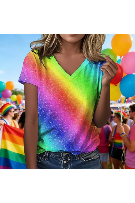 Womens Graphic T Shirts Pride Month Custom Print V Neck Short Sleeve Rainbow Graphic Celebration Shirts Womens Graphic Tees Multicolour XXL