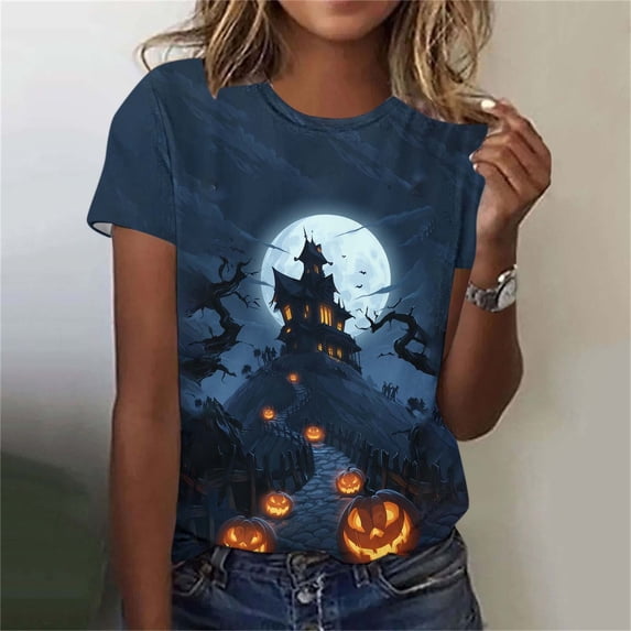 Womens Graphic T-Shirts Pumpkin Print Tops Crew Neck Short Sleeve Fall Halloween Tees Casual Holiday Party Blouse Summer Essential