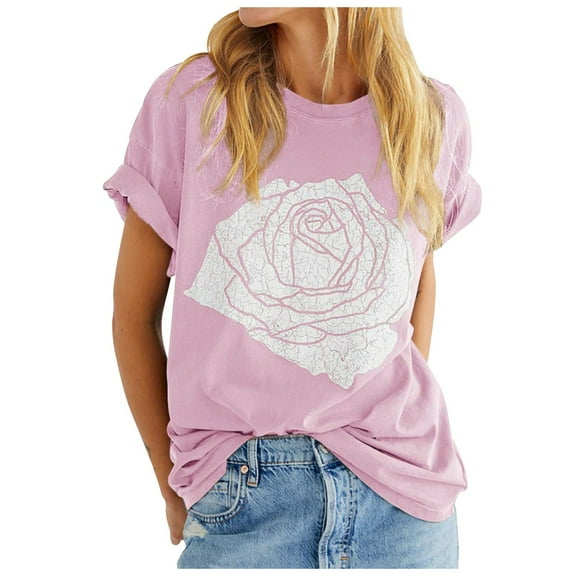 Womens Graphic T Shirts Rose Graphic Loose Fit Summer Short Sleeve Boyfriend Casual Crew Neck Tees Summer Tops for Women Pink S