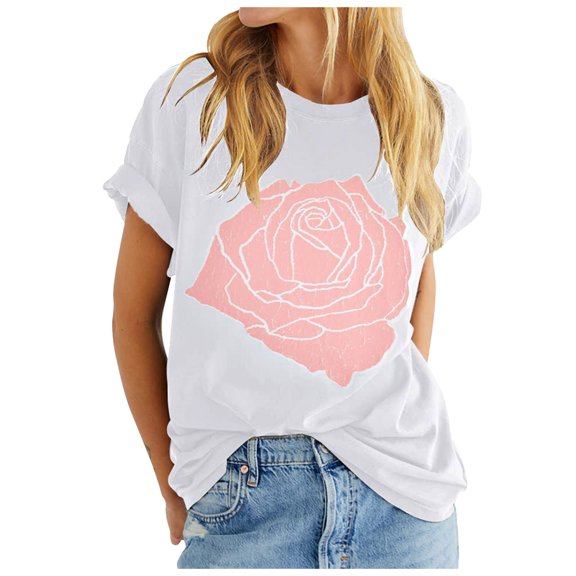 Womens Graphic T Shirts Rose Graphic Loose Fit Summer Short Sleeve Boyfriend Casual Crew Neck Tees Womens Summer Tops White L