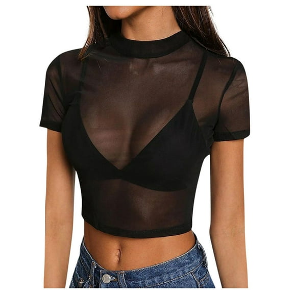 Womens Graphic T Shirts See-Through Short Sleeve Blouse Tee Mesh Sheer Clubwear Blouse Summer Tops for Women Black XL
