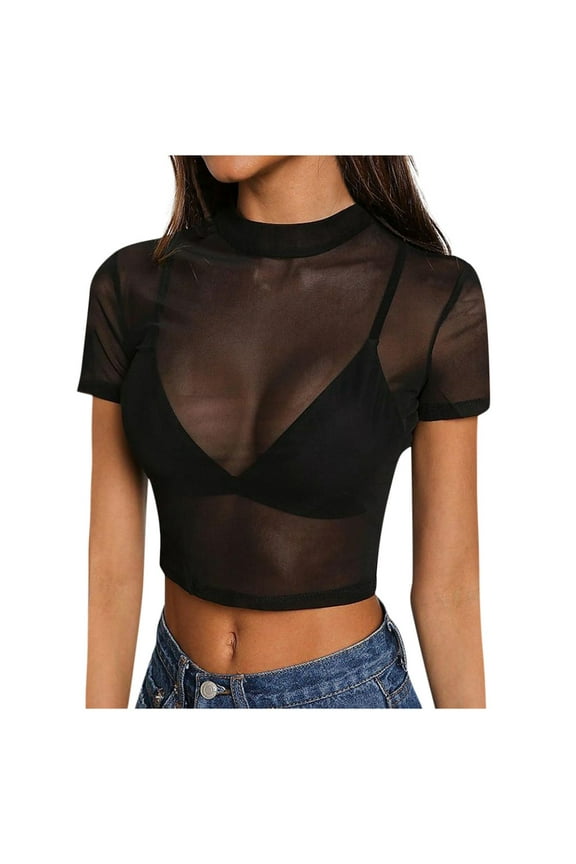Womens Graphic T Shirts See-Through Short Sleeve Blouse Tee Mesh Sheer Clubwear Blouse Summer Tops for Women Black XL