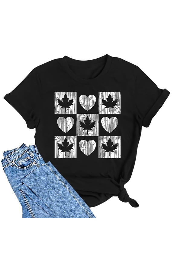 Womens Graphic T Shirts Short Sleeve Maple Comfort Breathable Soft Seasons Crop Tops for Women,Black,L