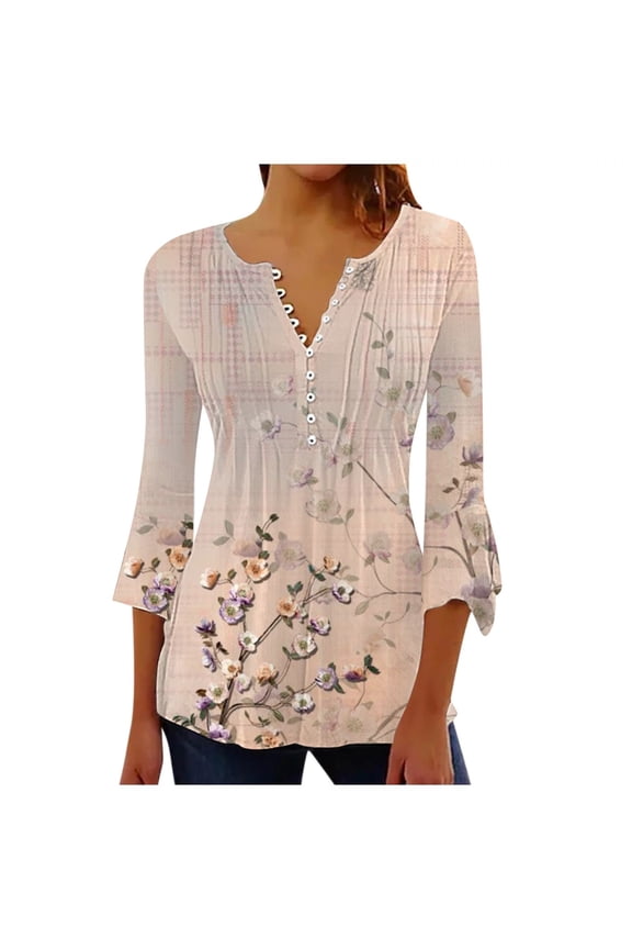 Womens Graphic T Shirts Spring And Summer Seven Minutes Of Bell Sleeve V Neck Pressed Pleated Solid Color Button