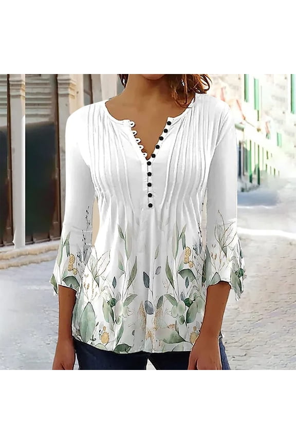 Womens Graphic T Shirts Spring And Summer Seven Minutes Of Bell Sleeve V Neck Pressed Pleated Solid Color Button