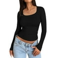 thumbnail image 1 of Womens Graphic T Shirts Y2K Slim Long Sleeve Crew Neck Basic Solid Tight Cropped Workout Crop Tees Tops for Women Trendy Black L, 1 of 5