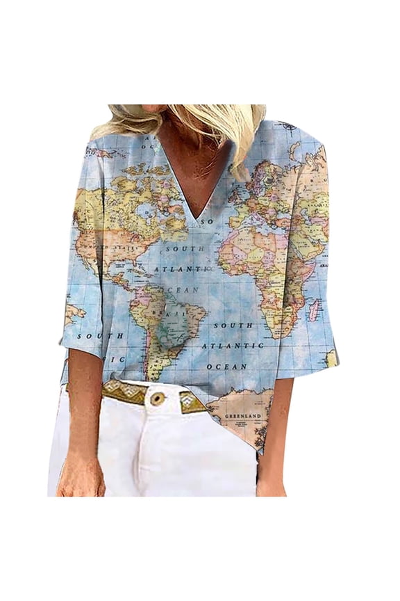 Womens Graphic T-shirts Half Sleeve V-neck Tees World Map Print Loose Fit Casual Summer Daily Tops Blue S