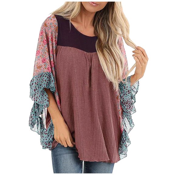 Womens Graphic T-shirts Long Sleeve Crewneck Batwing Tops Floral Patchwork Plus Size Summer Pullover Tops Brown M