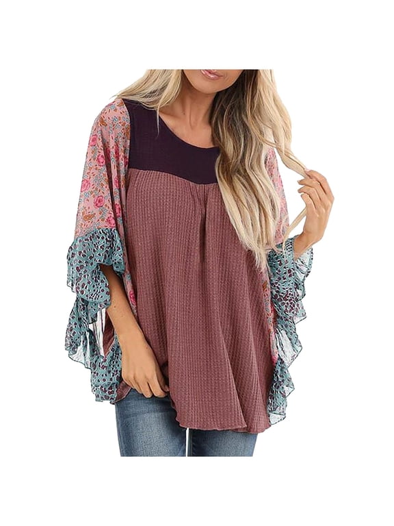 Womens Graphic T-shirts Long Sleeve Crewneck Batwing Tops Floral Patchwork Plus Size Summer Pullover Tops Brown M