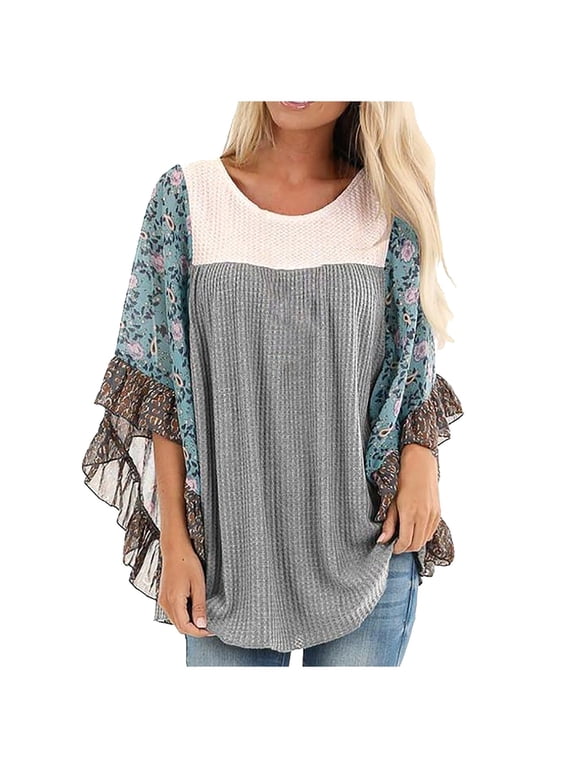 Womens Graphic T-shirts Long Sleeve Crewneck Batwing Tops Floral Patchwork Plus Size Summer Pullover Tops Grey XXXXXL