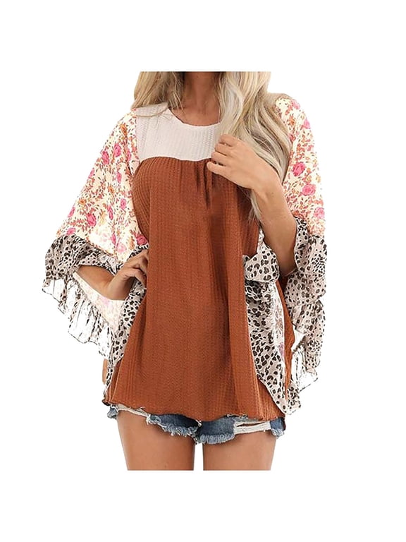 Womens Graphic T-shirts Long Sleeve Crewneck Batwing Tops Floral Patchwork Plus Size Summer Pullover Tops Orange S