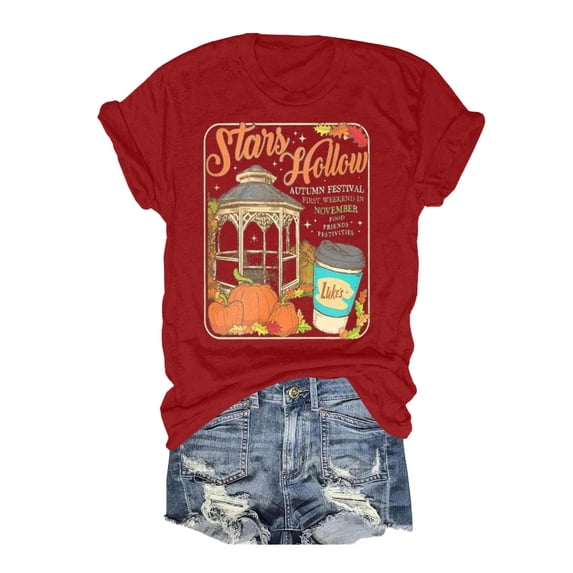 Womens Graphic T-shirts Short Sleeve Crewneck Alphabet Letter Print Tee Summer Casual Tops Red S