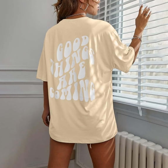 Womens Graphic T-shirts Short Sleeve Crewneck Back Letter Print Tee Cool Loose Summer Tops Khaki M