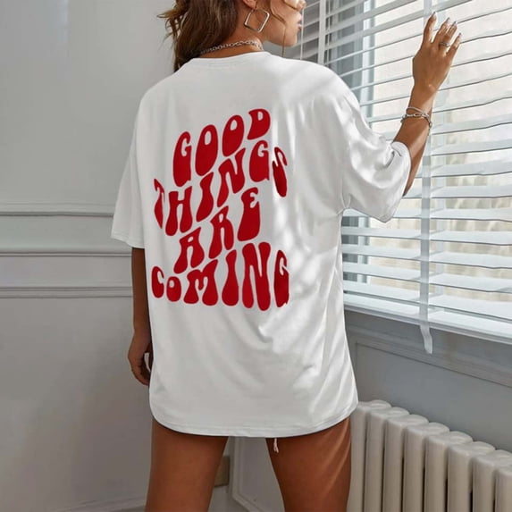 Womens Graphic T-shirts Short Sleeve Crewneck Back Letter Print Tee Cool Loose Summer Tops White XL