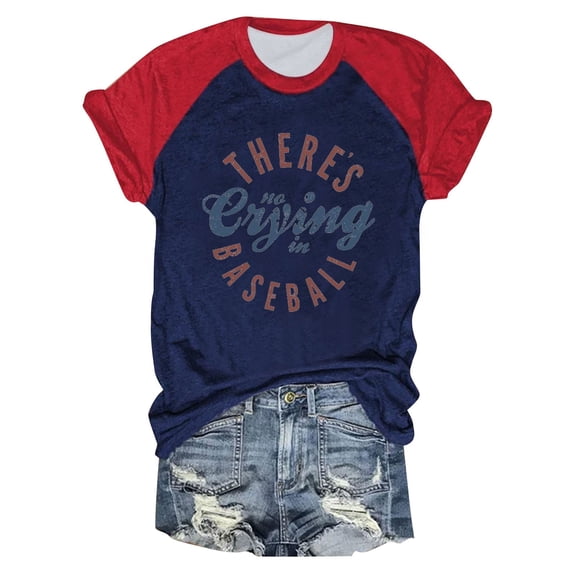 Womens Graphic T-shirts Short Sleeve Crewneck Baseball Print Tee Summer Casual Tops Dark Blue L