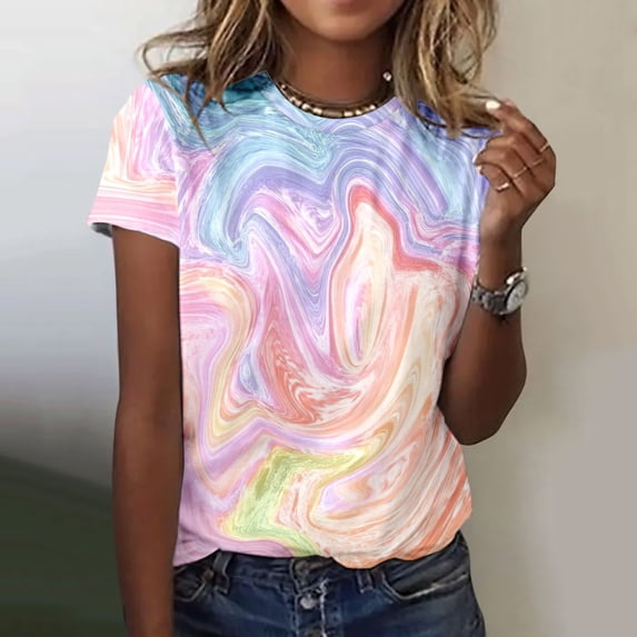 Womens Graphic T-shirts Short Sleeve Crewneck Fashion Print Tee Loose Summer Tops Pink XXL