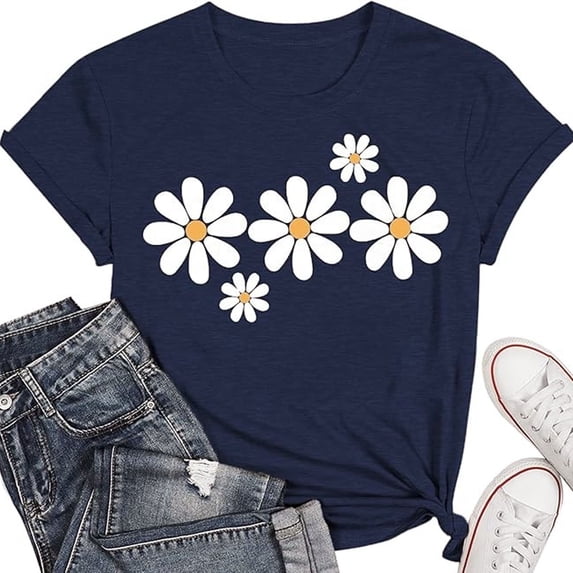 Womens Graphic T-shirts Short Sleeve Crewneck Floral Print Tee Loose Summer Tops Navy XL