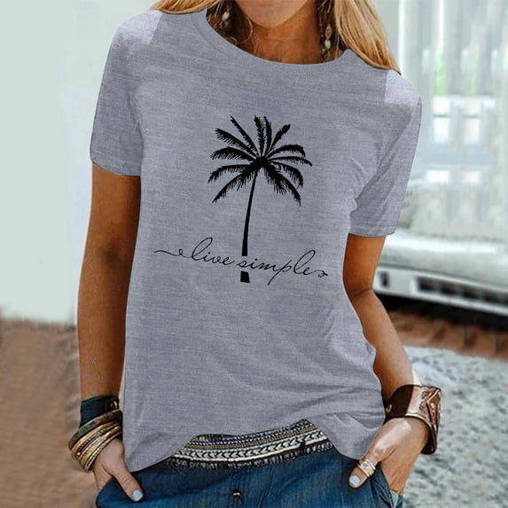 Womens Graphic T-shirts Short Sleeve Crewneck Palm Tree Print Tee Beach Hawaiian Summer Tops Grey XL