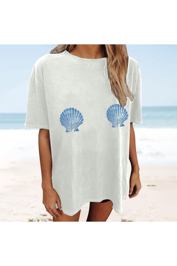 Womens Graphic T-shirts Short Sleeve Crewneck Shell Print Drop Shoulder Tee Loose Summer Daily Tops Mint Green XXL