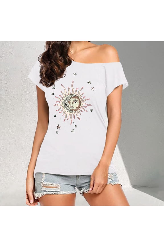 Womens Graphic T-shirts Short Sleeve Crewneck Sun Print Off Shoulder Tee Summer Casual Tops White XXXXXL