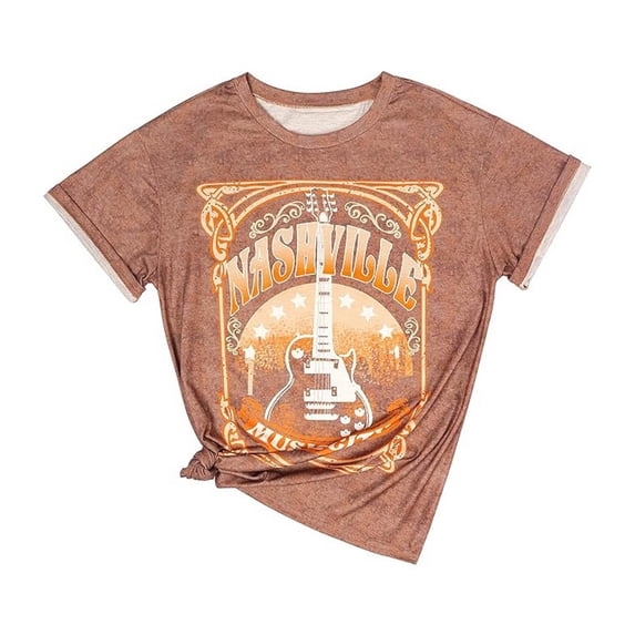 Womens Graphic T-shirts Short Sleeve Crewneck Tees Country Music Guitar Print Vintage Nashville Concert Summer Casual Tops Khaki L