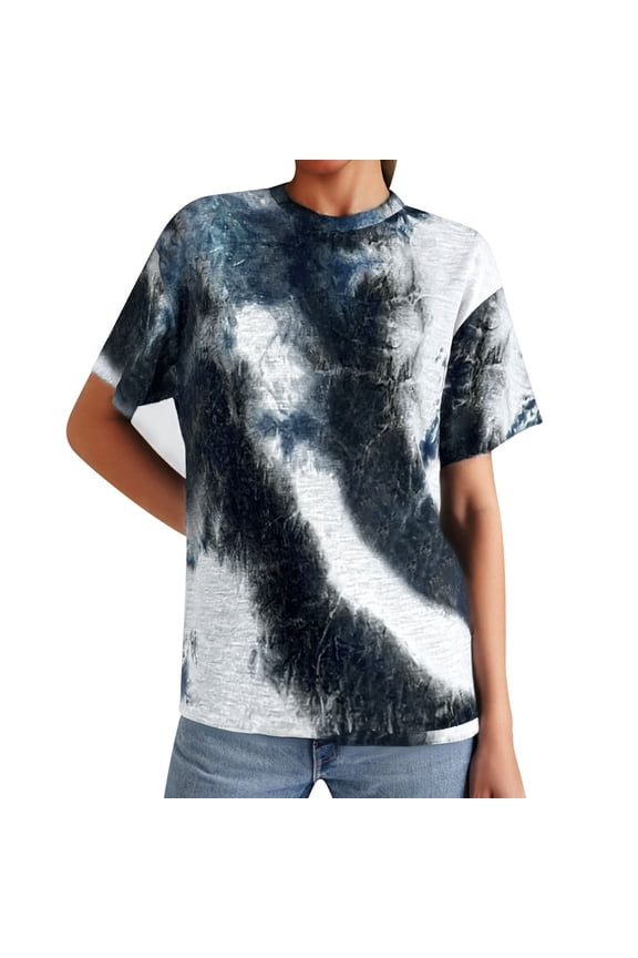 Womens Graphic T-shirts Short Sleeve Crewneck Tops Tie Dye Pattern Casual Summer Soft Everyday Wear Tees Black M