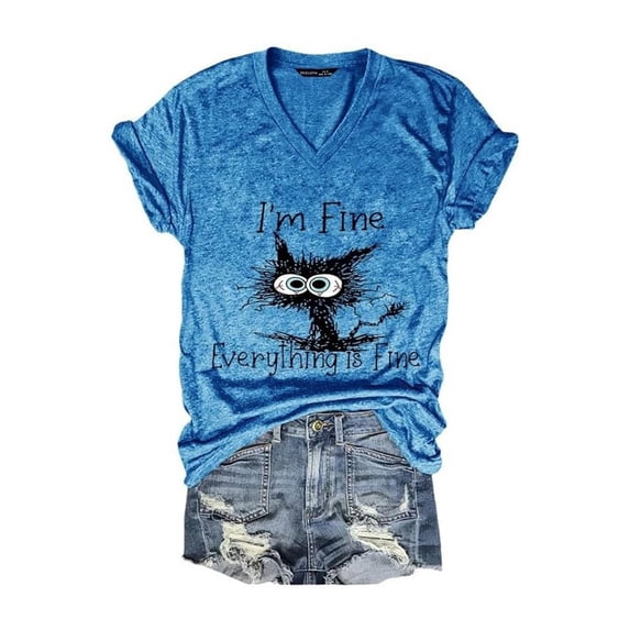 Womens Graphic T-shirts Short Sleeve V Neck Cat Letter Print Tee Vintage Summer Casual Tops Blue L