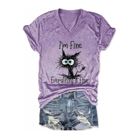 Womens Graphic T-shirts Short Sleeve V Neck Cat Letter Print Tee Vintage Summer Casual Tops Purple L