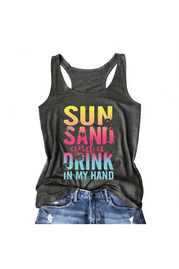 Womens Graphic T-shirts Sleeveless Crewneck Cami Tops Letter Print Casual Summer Tank Tops Grey S