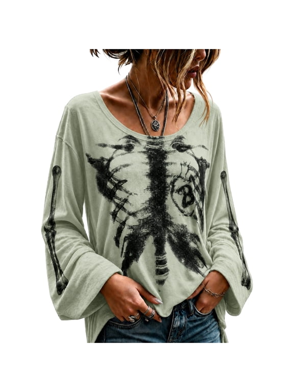 Womens Graphic Tee Halloween Skeleton Bell Sleeve Scoop Neck Tops Spooky Season Blouses Green XXL