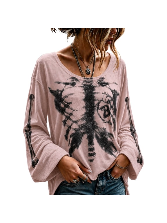 Womens Graphic Tee Halloween Skeleton Bell Sleeve Scoop Neck Tops Spooky Season Blouses Pink L