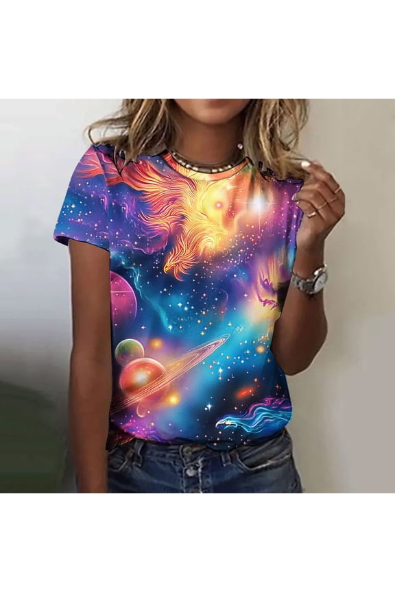 Womens Graphic Tee with Galaxy Phoenix Print, Ruffle Sleeve Boho Top - Soft Stretch Crewneck T-Shirt for Women, Plus Size Available,Size 4XL