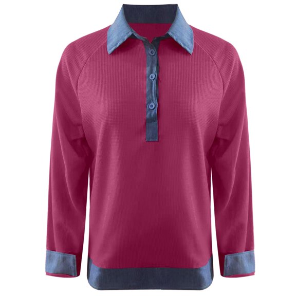 Womens Graphic Tees Denim Collar Long Sleeve Knit Pullover with Contrast Yoke Ribbed Trim Women's T Shirts