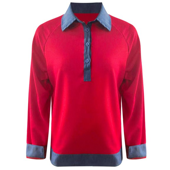 Womens Graphic Tees Denim Collar Long Sleeve Knit Pullover with Contrast Yoke Ribbed Trim Womens T-Shirts Blouses