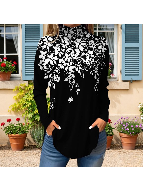 Womens Graphic Tees High Neck Floral Print Arc Shape Top Long Sleeve Trendy Casual T Shirts for Women Black M