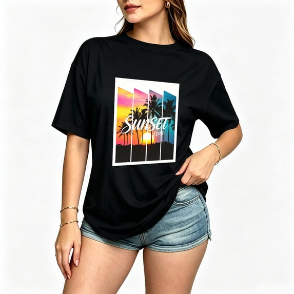 Womens Graphic Tees Short Sleeve T Shirts | Cotton Loose Casual Tops for Teen Girls, Vintage Tropical Palm Sunset Panel Graphic T-shirts
