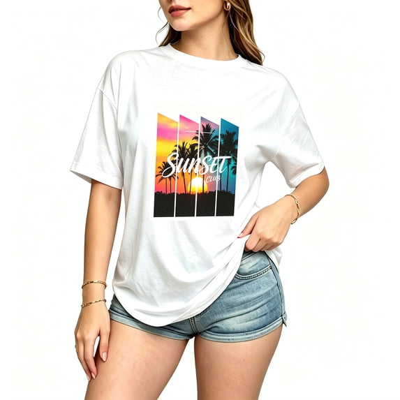 Womens Graphic Tees Short Sleeve T Shirts | Cotton Loose Casual Tops for Teen Girls, Vintage Tropical Palm Sunset Panel Graphic T-shirts