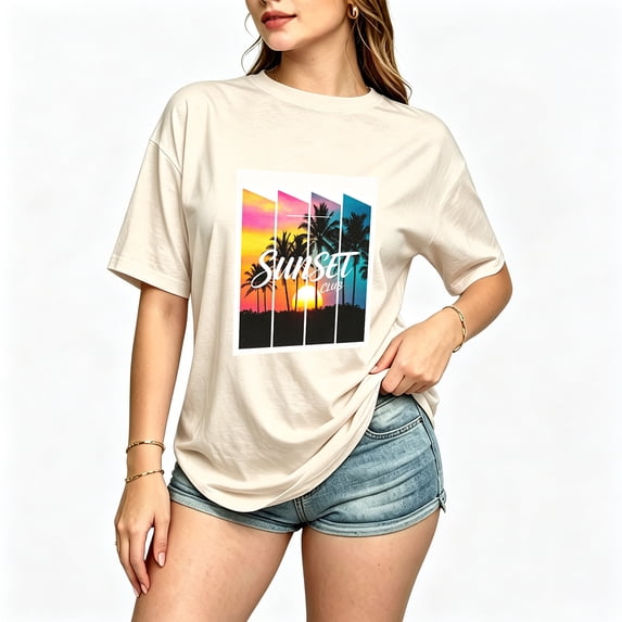 Womens Graphic Tees Short Sleeve T Shirts | Cotton Loose Casual Tops for Teen Girls, Vintage Tropical Palm Sunset Panel Graphic T-shirts