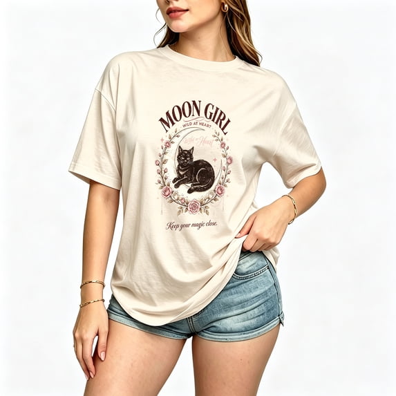 Womens Graphic Tees Short Sleeve T Shirts | Loose Casual Tops for Teen Girls, Black Cat Moon Wreath Vintage Graphic T-shirts