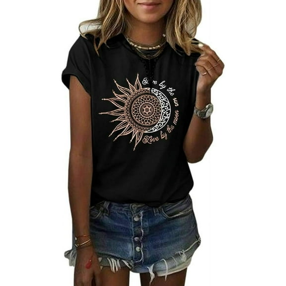 Womens Graphic Tees Summer Vintage Short Sleeve Cotton Moon and Sun Printed T Shirts Tops